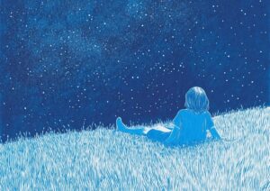 A girl lying on soft grass, gazing at a sky full of stars, Milky Way visible, se...