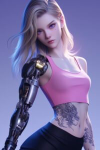 unreal engine 5, 3D futuristic female character half a cute beautiful woman half...