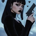 black hair, black lipstick, black long sleeve, black velour top, natural skin te...