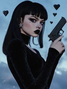 black hair, black lipstick, black long sleeve, black velour top, natural skin te...