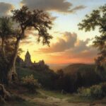 1800s painting of english countryside with church ruins in the background, drama...