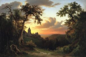 1800s painting of english countryside with church ruins in the background, drama...