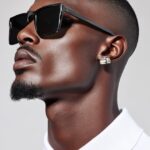 Side view looking up of a Black male with dark glasses, white polo shirt, hyper-...