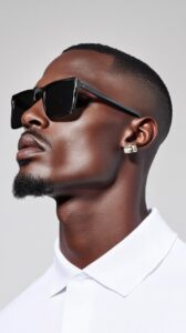 Side view looking up of a Black male with dark glasses, white polo shirt, hyper-...