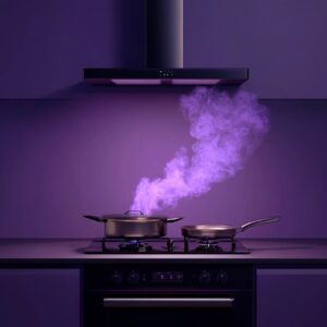 Cooking on a gas stove with frypan front view. On top of the cooking item add a ...