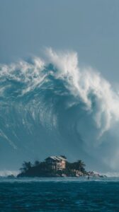 photo of a 50m high wave tsunami about to hit a small island with a Small mansio...