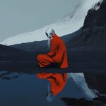 The silhouette of a Chinese woman with white hair and wearing a red robe, with a...