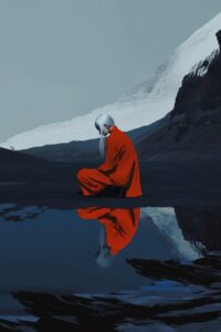 The silhouette of a Chinese woman with white hair and wearing a red robe, with a...