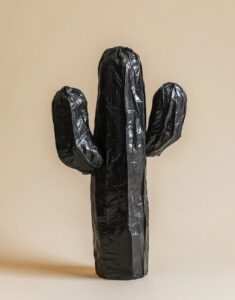 A cactus made of black plastic bags, simple background, minimalist art collage, ...