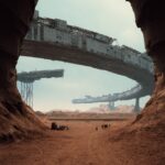A gigantic megastructure space station in the shape of an electric bridge, hover...