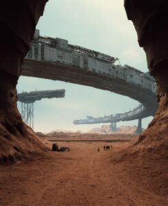 A gigantic megastructure space station in the shape of an electric bridge, hover...