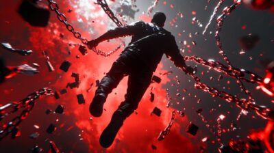 a right view of a man flying at high speed breaking chains, cinematic lighting, ...