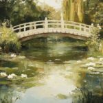 Create me a monet style painting of a garden pond scene with a bridge --ar 3:2 -...