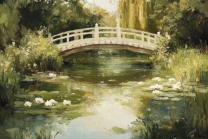 Create me a monet style painting of a garden pond scene with a bridge --ar 3:2 -...