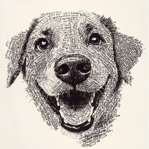 Black and white illustration of a [Happy Dog face] entirely composed of handwrit...