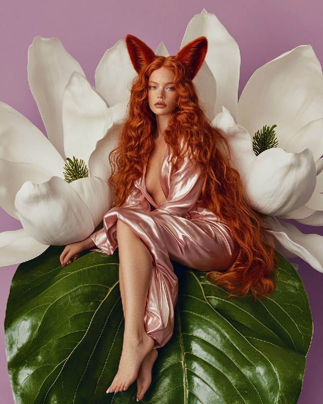 fnEDK5yv6aqrnUzdAPEXuBH5zwiW-TFPwClehAIil_lY1-zqMw4A0Tbcm43NJBH1XND_hwe_aTaIDJHPuJFOVB_QLnG58soibsRA.jpeg an editorial photo of a beautiful woman with fox ears sitting on a huge green ma...