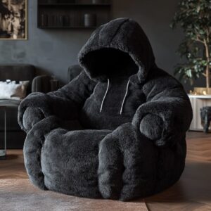 a cozy black fur lounge chair in the shape of a hoodie with hoodie strings in a ...