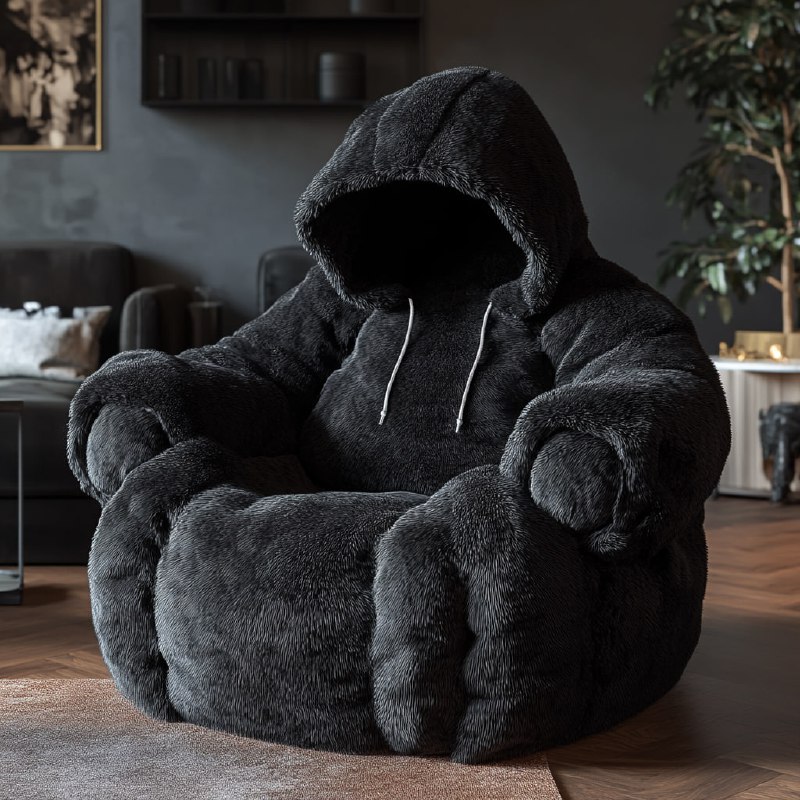 a cozy black fur lounge chair in the shape of a hoodie with hoodie strings in a ...