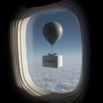 Prompt:Outside an airplane window a balloon carries...