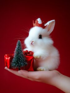 С наступающим!Pure red gradient background [Long haired white rabbit baby], perc...