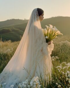 A woman in a white wedding dress holding calla lilies, with a flowing cape, stan...