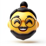 a yellow emoji of a bearded face with glasses and a ponytail looking happy --v 6...
