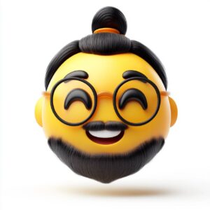 a yellow emoji of a bearded face with glasses and a ponytail looking happy --v 6...