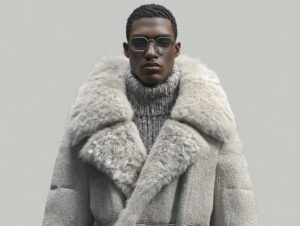 front view of a modern monarch male wearing a furry winter coat designed by Alai...