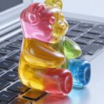 Prompts:Realistic gummy bear [ACTION] photorealistic translucent jelly...