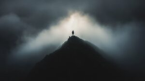 A low-angle, dramatic photograph of Rurik Blackthane, a Mountain Dwarf king, sta...