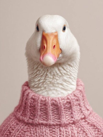 Prompt:A portrait of a white goose wearing...