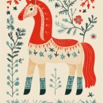 Red Dala horse, light beige and red with turquoise decorations, background is pa...