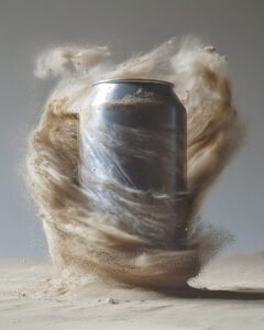 matte grey can spinning around, the can is tipped on its side from the speed at ...