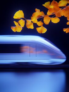 A white high-speed train running at high speed, The body of the train is covered...