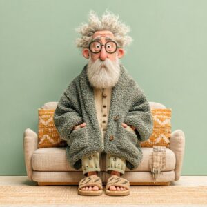funny cute old man with a kind face, in home clothes and slippers, free pose, in...