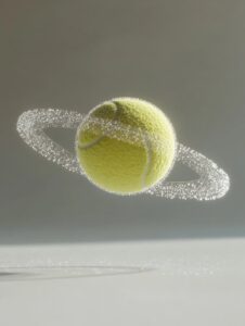 A tennis ball with a ring of sparkling dust surrounding it, like Saturn’s rings ...