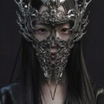 frontal portrait of a asian woman with long hair wearing a futuristic chrome met...