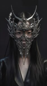 frontal portrait of a asian woman with long hair wearing a futuristic chrome met...