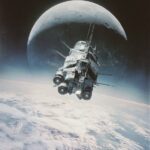 Prompta retro scifi spaceship floating between earth...