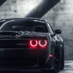 Dodge Challenger SRT Hellcat front angle, matte black paint, single neon light r...