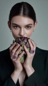 A portrait of a young woman with refined features, holding a large artichoke in ...