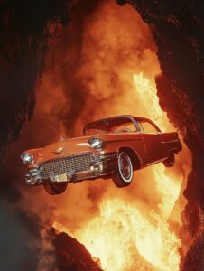A vintage car, elegantly suspended in mid-air inside a massive, active volcano. ...