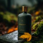 a matte dark green glass product bottle...