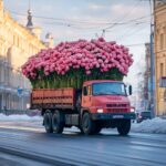 A KAMAZ truck with an open trailer is driving along the streets of St. Petersbur...