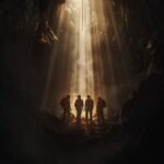 A movie poster with the title "The Goonies" . The text glows slightly from behin...