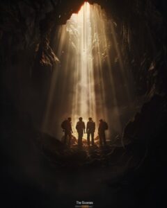 A movie poster with the title "The Goonies" . The text glows slightly from behin...