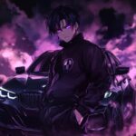 Anime muscular male, purple glowing eyes and black hair, wearing black tracksuit...