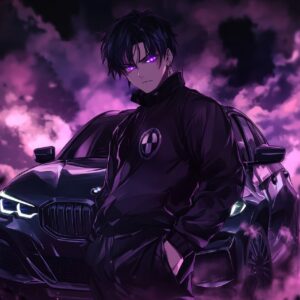 Anime muscular male, purple glowing eyes and black hair, wearing black tracksuit...