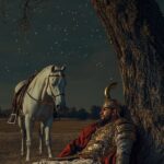 establish shot of a middle-aged ancient persian general warrior sleeping under a...