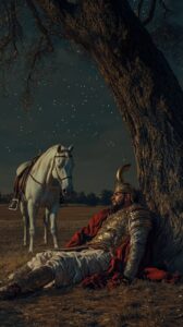 establish shot of a middle-aged ancient persian general warrior sleeping under a...